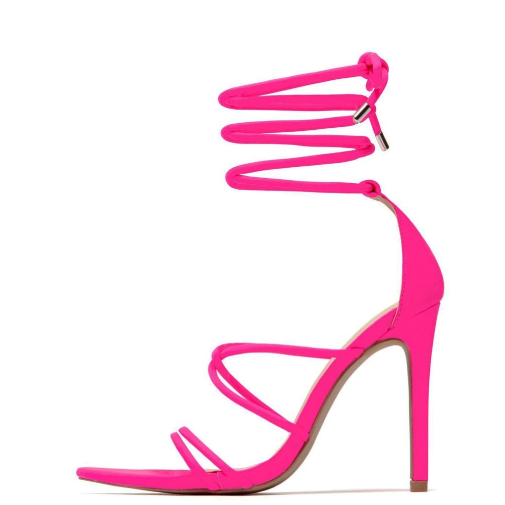 NEW๐ฅNeon Hot Pink Strappy Sandal Open Toe Lace Up - Picture 2 of 6